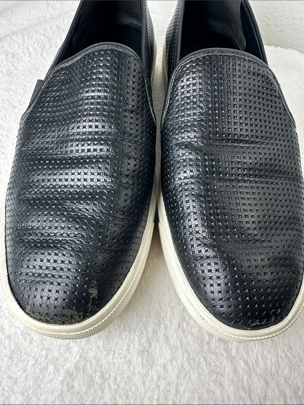 Vince Blair Black Perforated Leather Slip-On Sneakers with White Comfort Sole 8 - Picture 15 of 16